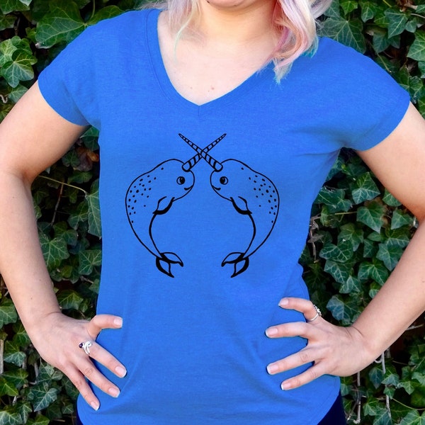 Narwhal Women Graphic Tee | Plus Size Tee Shirt | Cute V-neck Nautical Tshirt | Whale Ocean Unicorn