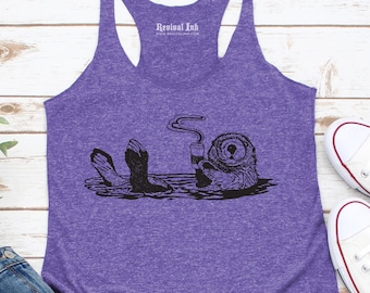Regata Racerback com Estampa de Café e Lontra Marinha | Mescla Roxa