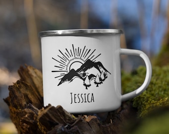 Sun in the Mountains Personalized Camping Coffee Mug Gift | Hiking Custom Mug for Nature Lovers | Forest and Plants Travel Coffee Cup