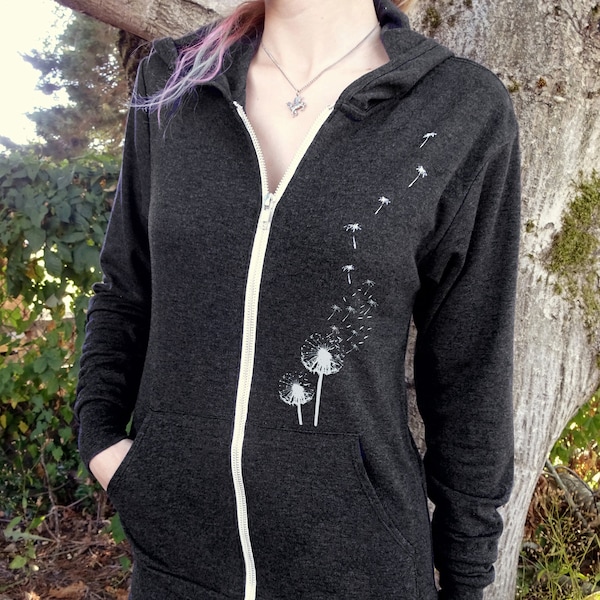 Womens Zip Up Hoodie, Boho Plants and Flowers Cute Sweatshirt, Plus Size Hoodie, Ladies Dandelion Shirt, Garden Nature Gift