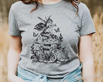 Fairycore Mushroom Shirt | Dark Academia Cottagecore Clothing with Plants, Frog, Butterfly | Gardening Botanical Forest Graphic Tees