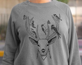 Cottagecore Deer Crewneck Sweatshirt | Boho Rustic Antlers Shirt with Birds and Butterflies | Nature Forest Woodland Animals