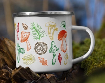 Cottagecore Mushroom Mug | Dark Academia Coffee Mug Gift | Enamel Camping Mug | Garden Campfire Nature Forest Plants Botanical Fungi Decor