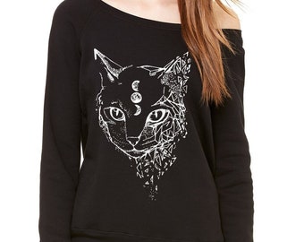 Sweat-shirt chat d’Halloween | Cadeau d’amoureux des chats pour les femmes | Croissant de Lune et étoiles | Chemise chat spatial noir et blanc