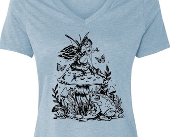 Fairycore Mushroom Women's Graphic Tees | Cottagecore Clothing Plant Shirt | Frog, Butterfly, Gardening, Forest Fairy, Mycology, Fungi