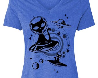 T-shirt chat extraterrestre pour femme | Chemise drôle de science-fiction | Cadeau d'amant de chat | Vêtements pour chat Sphynx | Chemise de geek de vaisseau spatial | Chemise technique de science-fiction