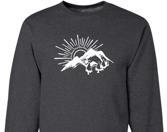 Sun Mountains Camping Crewneck Sweatshirt | Hiking Vintage Sweater | Minimalist Travel Adventure Shirt for Backpacking