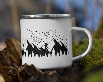 Celestial Enamel Mug with Constellation Print | Nature, Trees, Mountains Camp Mug | Science Star Map Astronomy