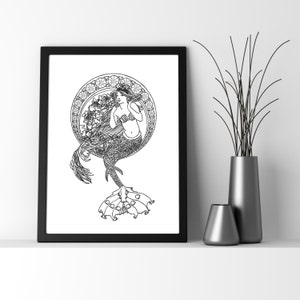 May include: Black and white line art print of a mermaid with long flowing hair, surrounded by a circular frame with intricate details. The mermaid is depicted with a crown and a flowing tail.