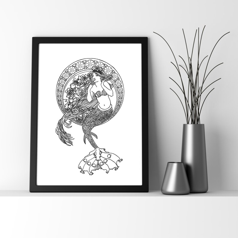 May include: Black and white line art print of a mermaid with long flowing hair, surrounded by a circular frame with intricate details. The mermaid is depicted with a crown and a flowing tail.