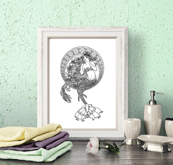 Art Nouveau Mermaid Print, Seashells, Bathroom Wall Decor (Digital Download)