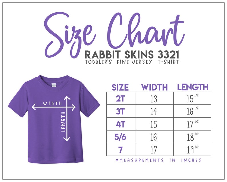 K&ouml;nnte beinhalten: Gr&ouml;&szlig;entabelle f&uuml;r Feinjersey-T-Shirts f&uuml;r Kleinkinder von Rabbit Skins, die die Gr&ouml;&szlig;en 2T bis 7 mit den entsprechenden Breiten- und L&auml;ngenma&szlig;en in Zoll angibt.