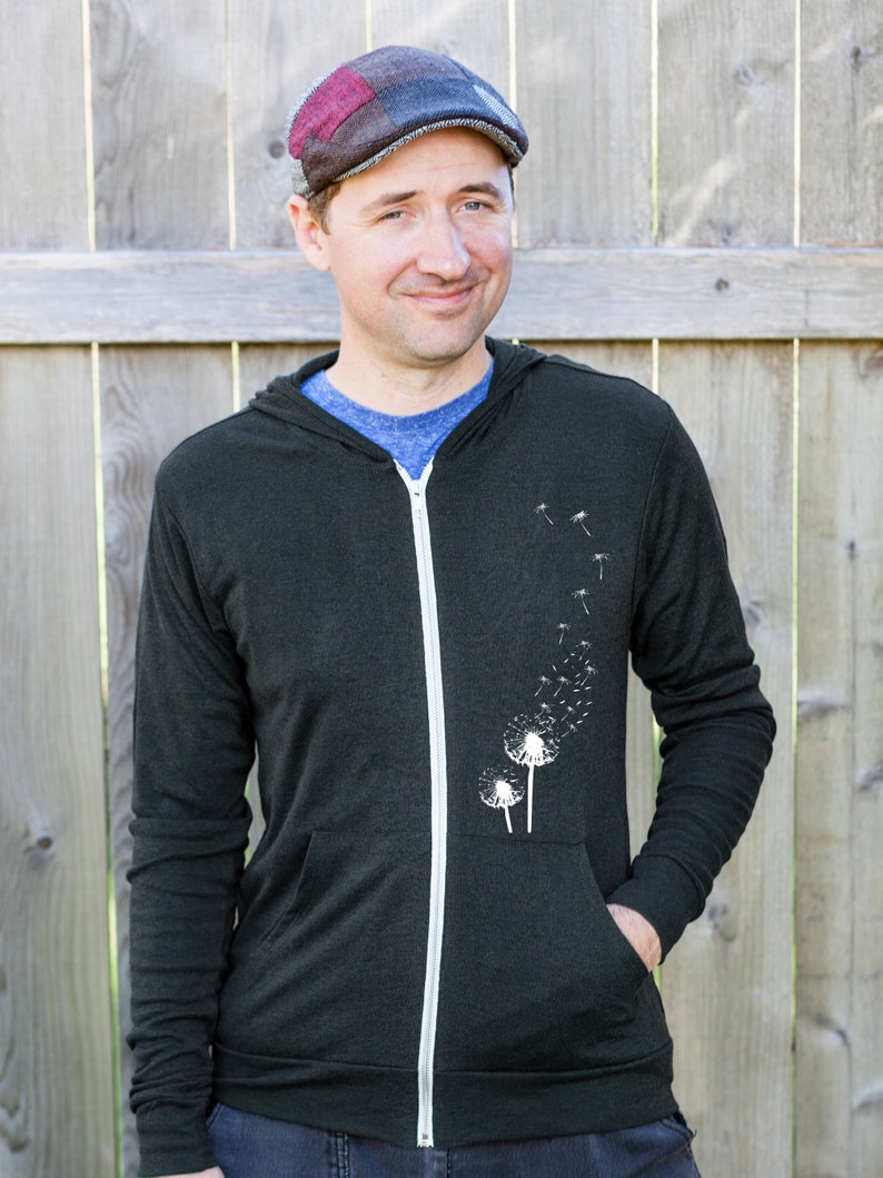 Dandelion Print Mens Hoodie, Gift for Him, Dark Gray Zip Up Hoodie, Zipper Graphic Sweatshirt, Eco Friendly Father's Day Gift image 3