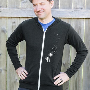 Dandelion Print Mens Hoodie, Gift for Him, Dark Gray Zip Up Hoodie, Zipper Graphic Sweatshirt, Eco Friendly Father's Day Gift image 5