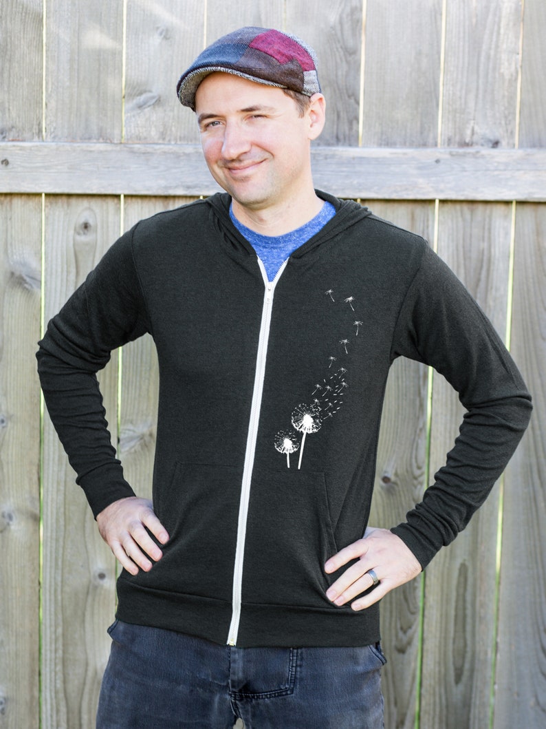 Dandelion Print Mens Hoodie, Gift for Him, Dark Gray Zip Up Hoodie, Zipper Graphic Sweatshirt, Eco Friendly Father's Day Gift image 5
