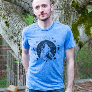 Boho Wolf Graphic Tee for Camping or Hiking Celestial Moon Phases Zodiac Mens Tshirt Animal Nature Wiccan Pagan Clothing image 5