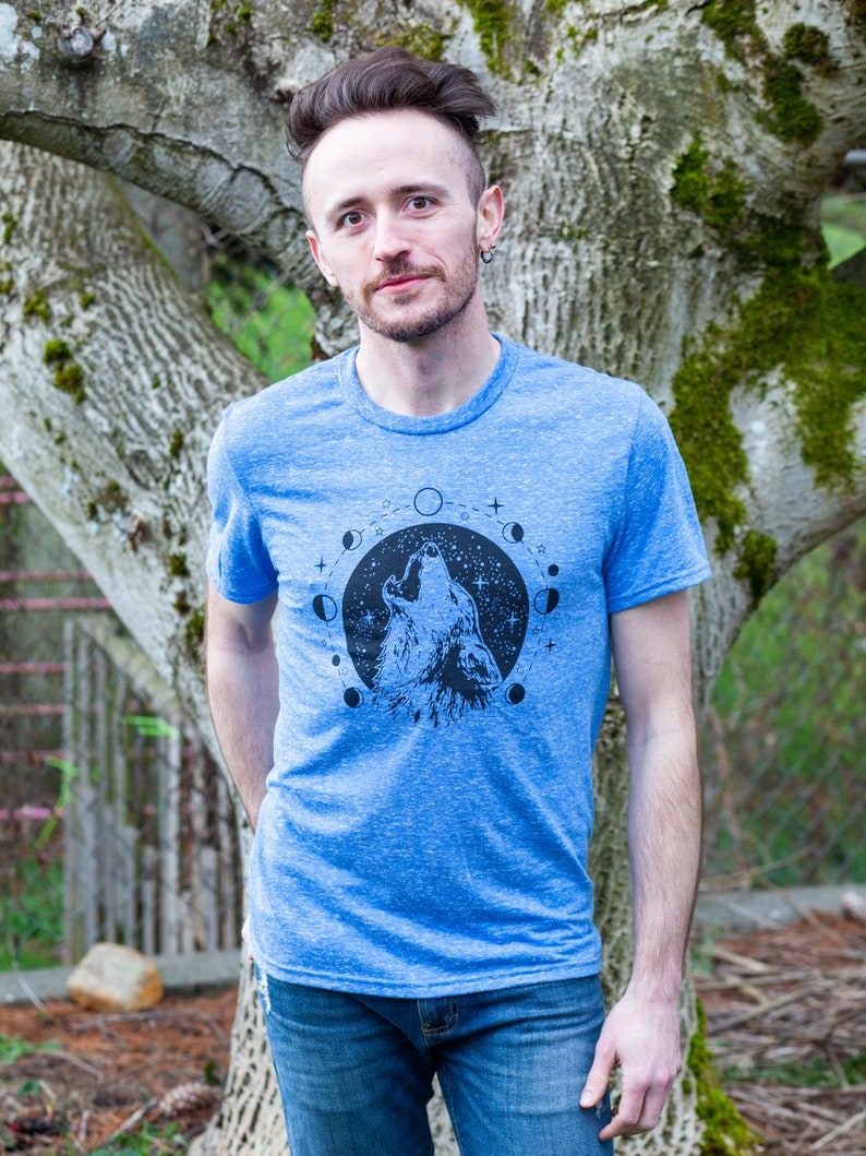Boho Wolf Graphic Tee for Camping or Hiking Celestial Moon Phases Zodiac Mens Tshirt Animal Nature Wiccan Pagan Clothing image 5