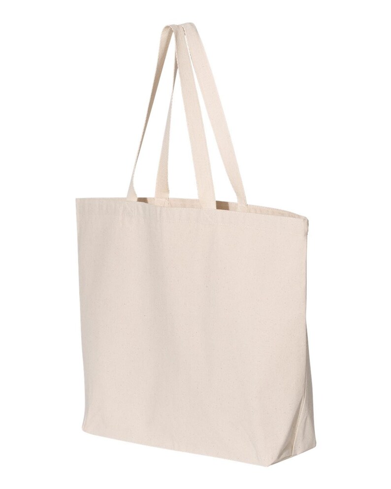 Op de afbeelding: Een grote, natuurlijke canvas tote bag met twee lange handvatten. De tas is leeg en klaar om gevuld te worden.