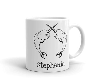 Narwhals Personalized Coffee Mug | Ceramic Custom Coffee Cup | Ocean Whale Nautical Art | Animal Sea Creature