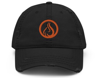 Fire Element Embroidered Dad Hat for Camping and Hiking | Distressed Baseball Cap with Embroidery in Black, Navy Blue or Grey