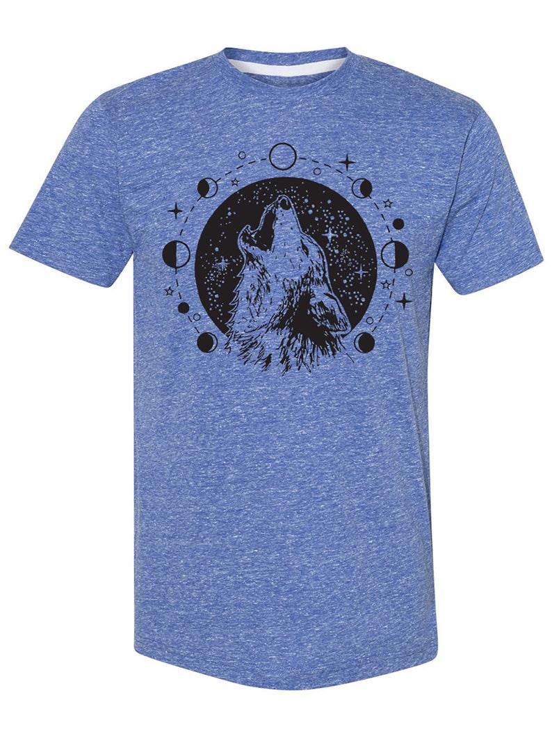Boho Wolf Graphic Tee for Camping or Hiking Celestial Moon Phases Zodiac Mens Tshirt Animal Nature Wiccan Pagan Clothing image 1