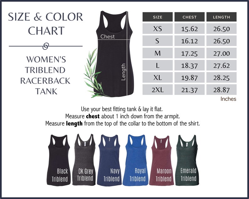 Pode incluir: Tabela de tamanhos para tops de costas nadadoras para mulheres em tecido triblend. A tabela mostra os tamanhos XS a 2XL com as medidas de peito e comprimento correspondentes em polegadas. A tabela tamb&eacute;m mostra seis op&ccedil;&otilde;es de cores diferentes: preto, cinza escuro, azul marinho, azul royal, vinho e esmeralda.