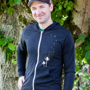 Sweat à capuche pour homme imprimé pissenlit, cadeau pour lui, sweat à capuche zippé gris foncé, sweat-shirt graphique à fermeture éclair, cadeau écologique pour la fête des pères image 4