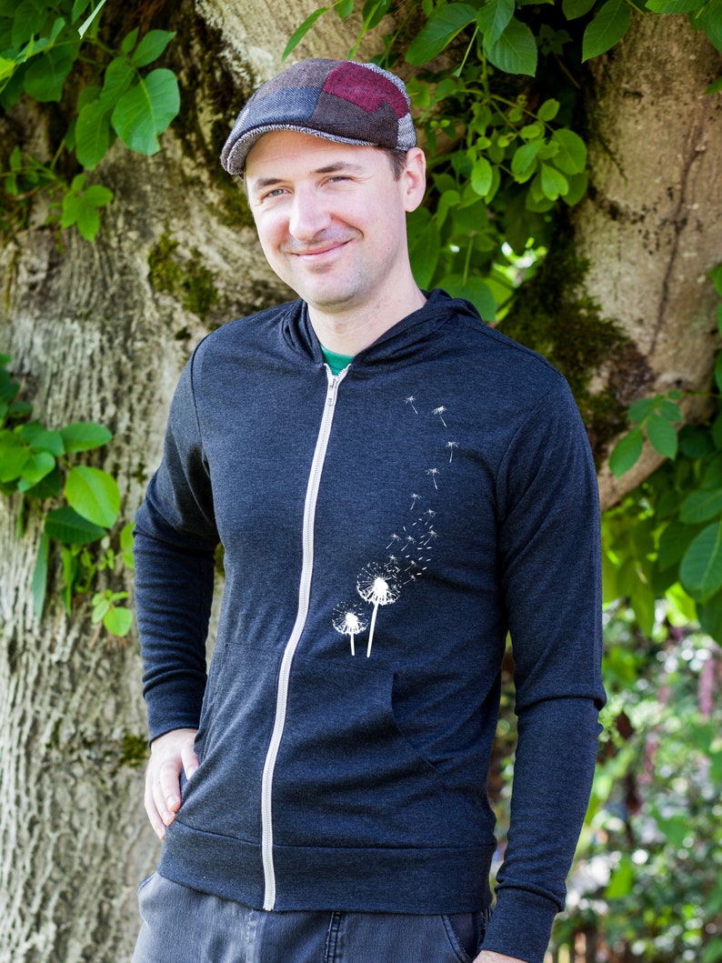 Dandelion Print Mens Hoodie, Gift for Him, Dark Gray Zip Up Hoodie, Zipper Graphic Sweatshirt, Eco Friendly Father's Day Gift image 4