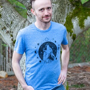 Boho Wolf Graphic Tee for Camping or Hiking Celestial Moon Phases Zodiac Mens Tshirt Animal Nature Wiccan Pagan Clothing image 2