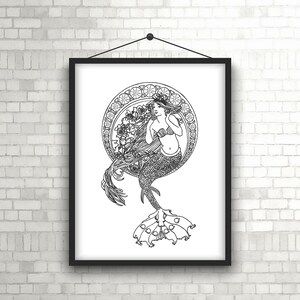 May include: Black and white line art print of a mermaid with long flowing hair, wearing a hat and sitting inside a circular frame with floral details.