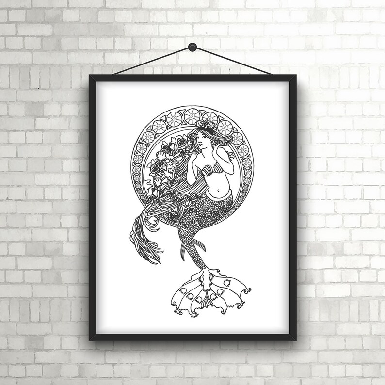 May include: Black and white line art print of a mermaid with long flowing hair, wearing a hat and sitting inside a circular frame with floral details.