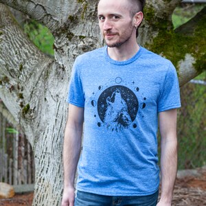 Boho Wolf Graphic Tee for Camping or Hiking Celestial Moon Phases Zodiac Mens Tshirt Animal Nature Wiccan Pagan Clothing image 4