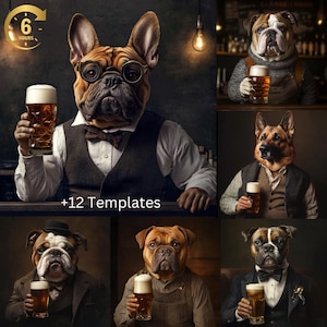 Pode incluir: Uma colagem de seis imagens com cães vestidos com roupas humanas e segurando canecas de cerveja. Os cães são um Bulldog Francês, um Bulldog, um Pastor Alemão, um Bulldog, um Mastiff e um Boxer. O texto '+12 Templates' está na parte inferior da colagem.