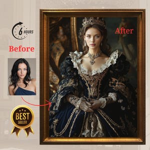 May include: A woman wearing a dark blue and gold gown with a crown and jewellery. The image is framed in a gold frame. The text "After" is visible in the top right corner of the image.