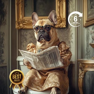 Custom Pet Portrait from Photo Dog Read Newspaper on Toilet Funny Pet Portrait Pet Customization Pets Bathroom Wall Art Personalized Dog Art