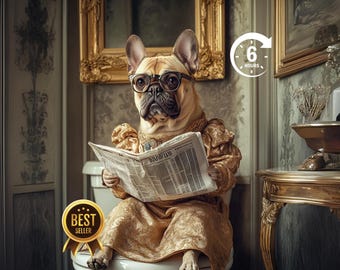 Custom Pet Portrait on Toilet with Newspaper Unique Pet Gift Fun Bathroom Print Dog on Toilet Personalised Pet Wall Art from Photo Pet Owner