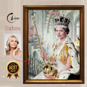 May include: A framed portrait of a woman wearing a crown and holding a scepter. The image is in a gold frame. The words "Before" and "After" are visible, along with a "Best Seller" badge.