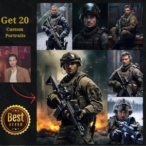 Könnte beinhalten: Erhalten Sie 20 benutzerdefinierte Porträts - Eine Collage aus sechs Bildern, die Soldaten in militärischer Ausrüstung zeigen, die Gewehre halten und in verschiedenen Umgebungen posieren. Der Text "Erhalten Sie 20 benutzerdefinierte Porträts" wird in einem goldenen Banner oben im Bild angezeigt. Ein "Bestes Angebot" Siegel wird unten im Bild angezeigt.