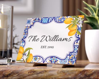 Personalized Italian Ceramic Tile Family Sign Lemon Tile Family Name Photo Tile Personalized Kitchen Decor Customizable Ceramic Portuguese