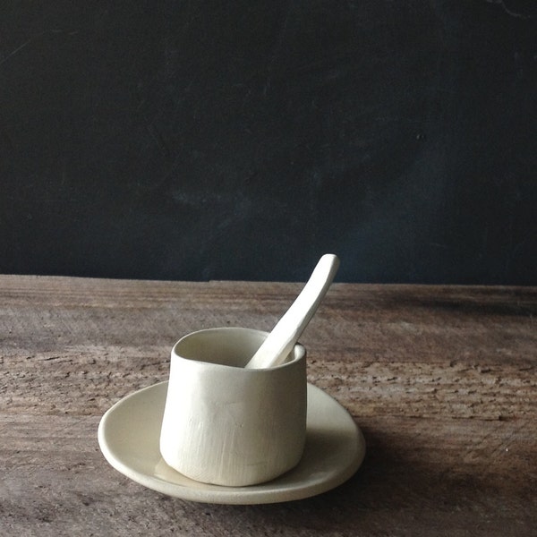 Hand built  ceramic cup saucer and spoon