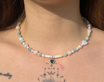 Aqua Gemstone and Pearl Necklace