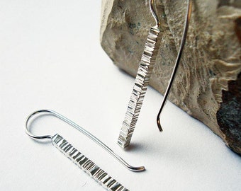 Stick Silver Earrings, Modern Medium Textured Slim Sterling Silver Earrings, Polished Silver