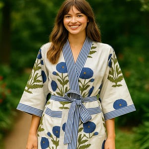 Floral Print Women Kimono, Cotton Robe, Block Print, Comfortable Nightwear Dress, Bridesmaid Robe, Dressing Gown, Beachwear, Handmade Robe