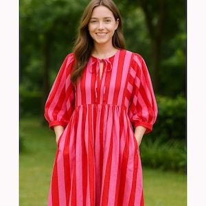 Striped Print Midi Dress, Mini Dress,Deep Neck with string closer,Floral Long and short Block Print Dress Cotton dress ,Anniversary gift