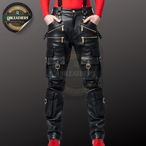 Men&#39;s Black Leather Cargo Pants: Gothic Streetwear Trousers