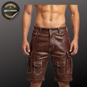 Handmade Brown Leather Cargo Shorts: Multi-Pocket Utility Fashion