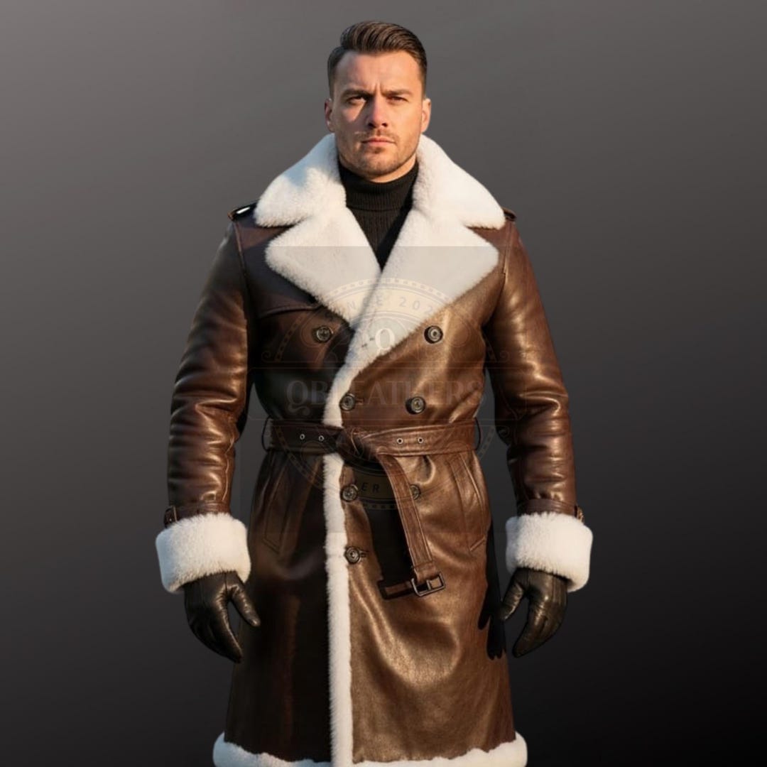 ハンドクラフトのブラウンレザートレンチコート：ホワイトファートリム