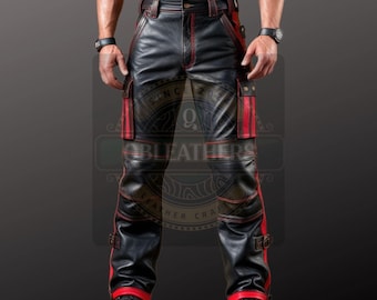 Men&#39;s Black & Red Leather Cargo Pants - Handmade Multi-Pocket Design