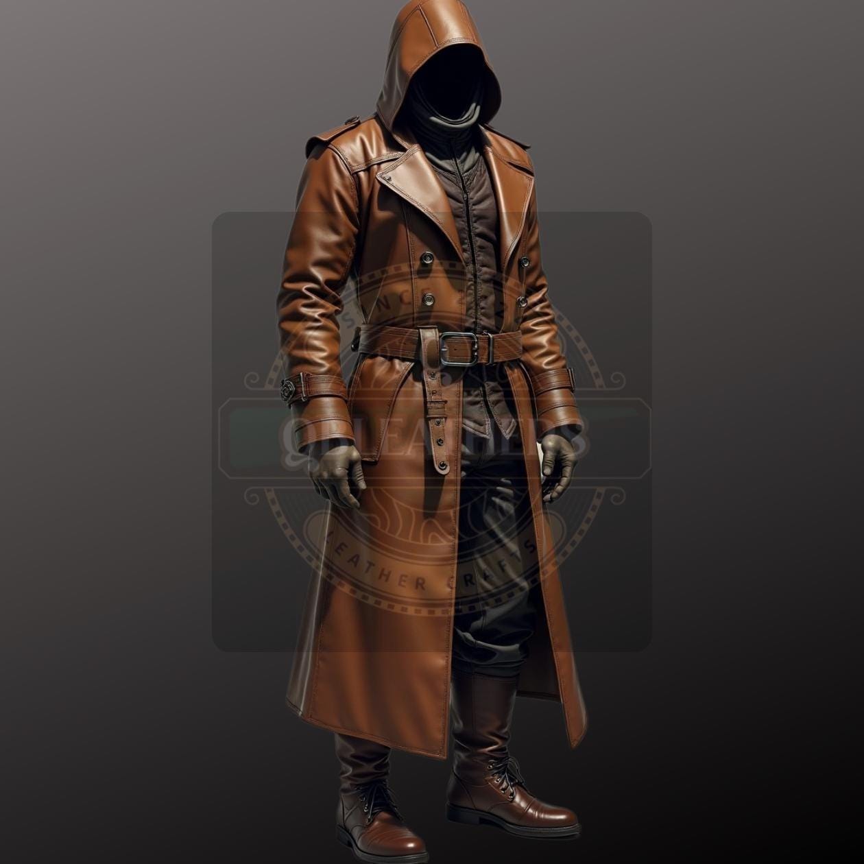 ゴシックスタイルのブラウン本牛革フード付きトレンチコート