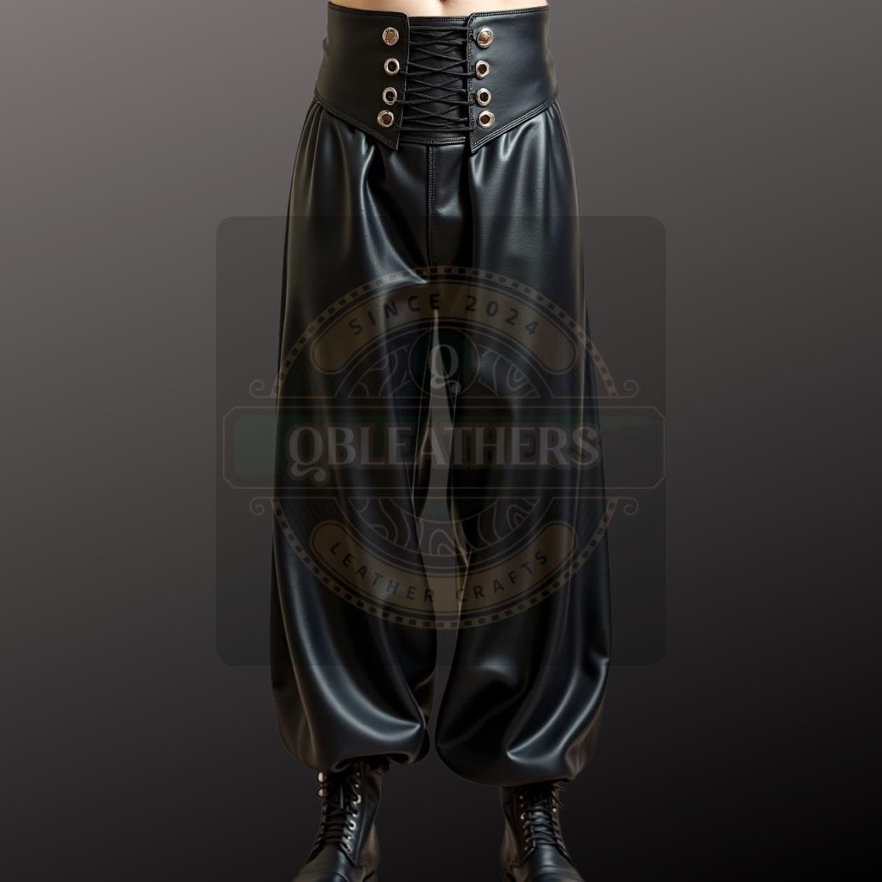 Handcrafted Black Leather Harem Pants: High-Waisted Lace-up Gothic Style